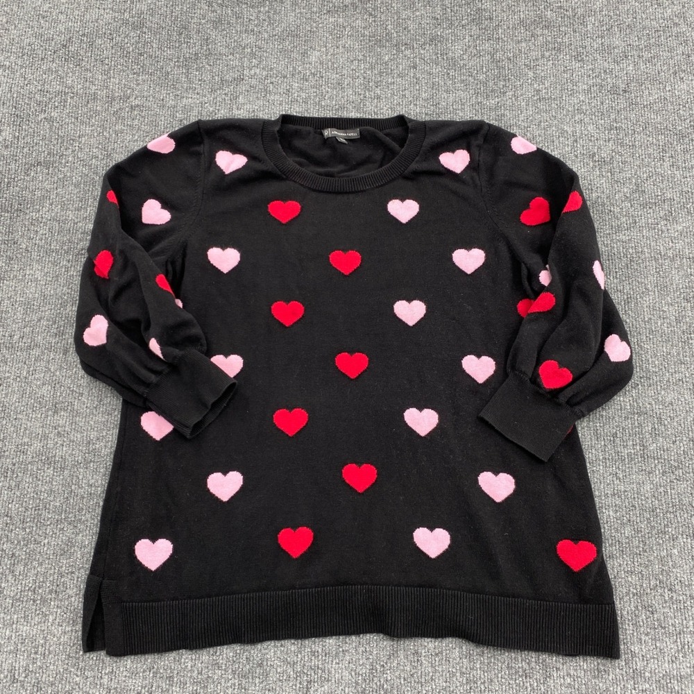 Adrianna Papell Heart Sweater Womens Large Black Pink Red Knit Pullover Romantic - Picture 1 of 9